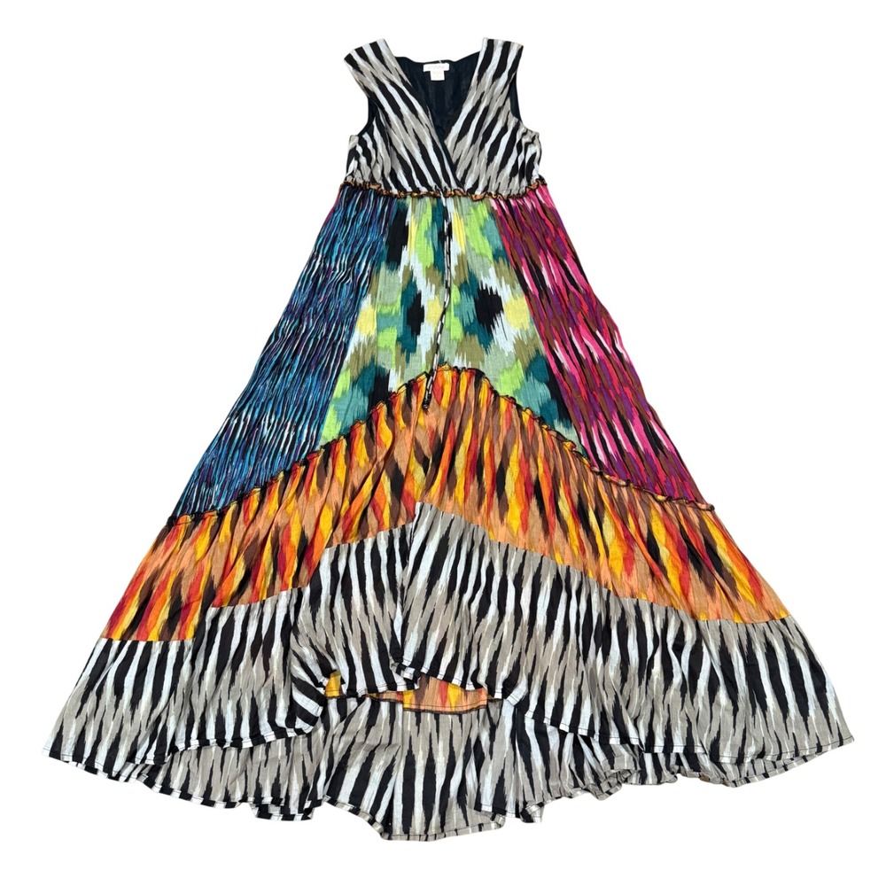 Klozlyne Women Cotton Ikat Patchwork Maxi Dress S‎ Small Boho Beach Festival